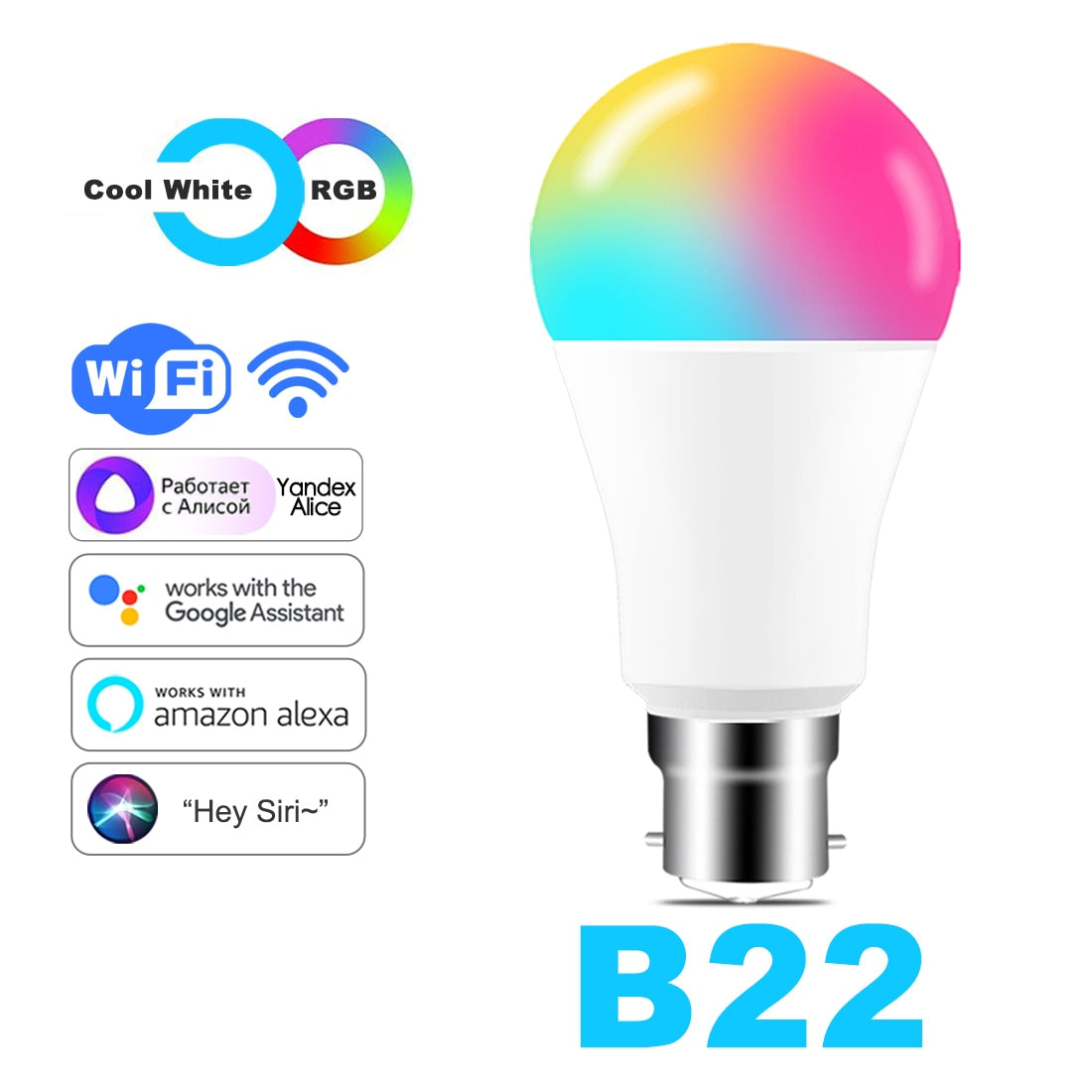 15W WiFi Smart Light Bulb B22 E27 LED RGB Lamp Work with Alexa/Google Home 85-265V RGB+White Dimmable Timer Function color Bulb